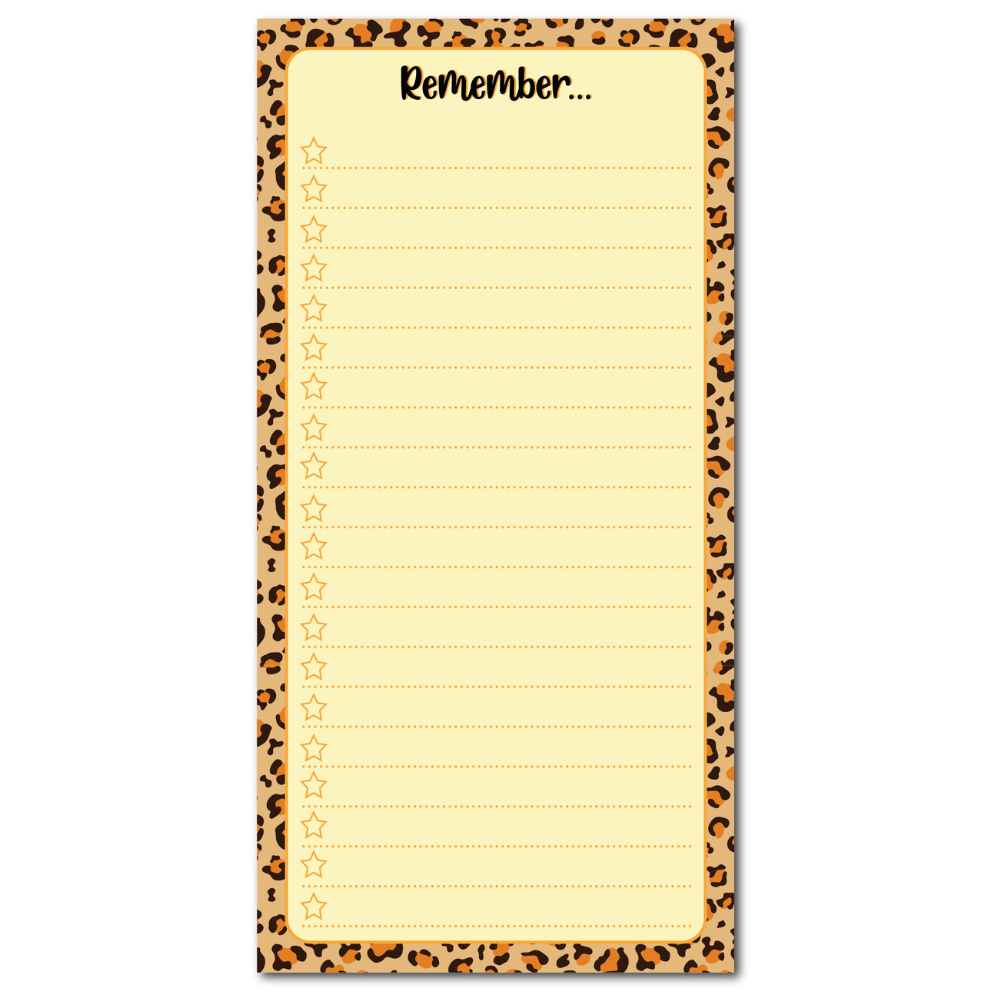 DL leopard animal print to do list shopping. Yellow background with lines and stars to tick in your checklist. Text at the top reads: Remember.