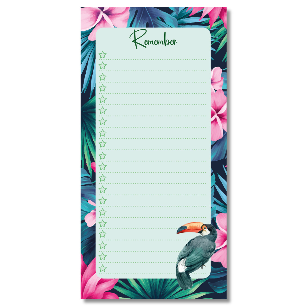 DL TO DO LIST NOTEPAD WITH BRIGHT PINK FRANGIPANI FLOWERS AND BIG JUNGLE LEAVES WITH A TOUCAN BIRD IN THE BOTTOM CORNER. INCLUDES PLENTY OF LINES TO WRITE YOUR LISTS ON. THE TEXT AT THE TOP READS REMEMBER.