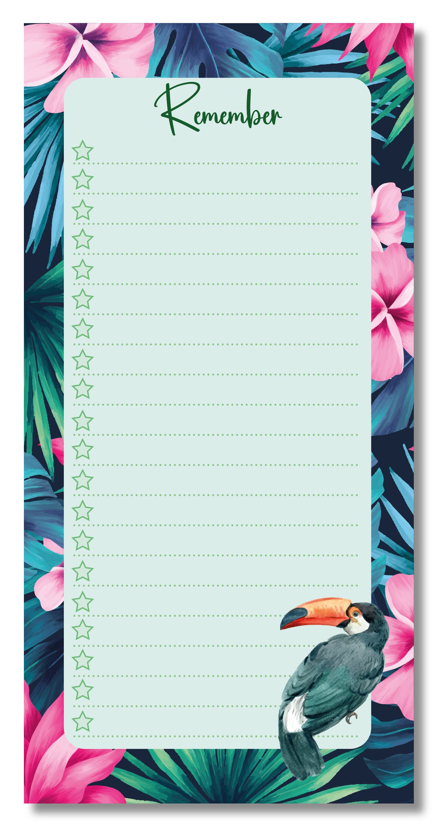 DL TO DO LIST NOTEPAD WITH BRIGHT PINK FRANGIPANI FLOWERS AND BIG JUNGLE LEAVES WITH A TOUCAN BIRD IN THE BOTTOM CORNER. INCLUDES PLENTY OF LINES TO WRITE YOUR LISTS ON. THE TEXT AT THE TOP READS REMEMBER.