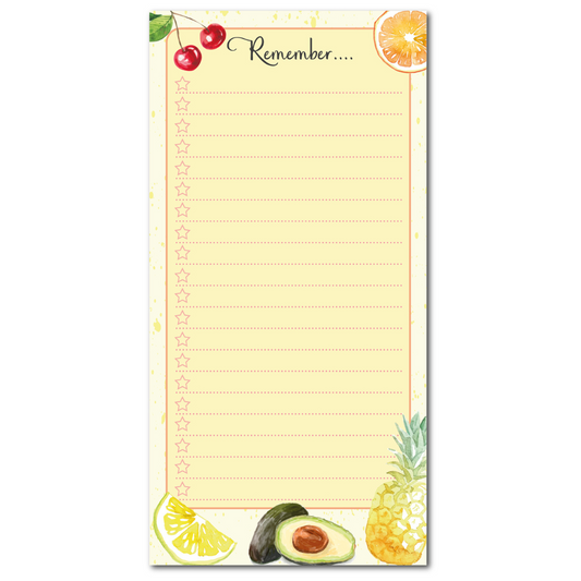 DL FRUITY WATERCOLOUR TO DO LIST NOTEPAD SHOPPING LIST. PICTURES INCLUDE AVOCADO, PINEAPPLE, ORANGES AND CHERRY. BACKGROUND IS YELLOW WITH PLENTY OF LINES TO WRITE YOUR LISTS ON