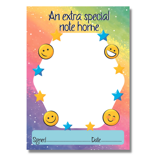 A6 Sized Notepad that reads Special Note Home with Star and Smiley E moji Faces Teachers Reward & Praise Certificate Notepad. Each pad has 50 sheets of good quality paper with a pretty rainbow background.