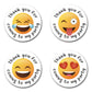 40mm Round Yellow emoji face stickers taht reads Thank you for coming to my party. 4 different designs