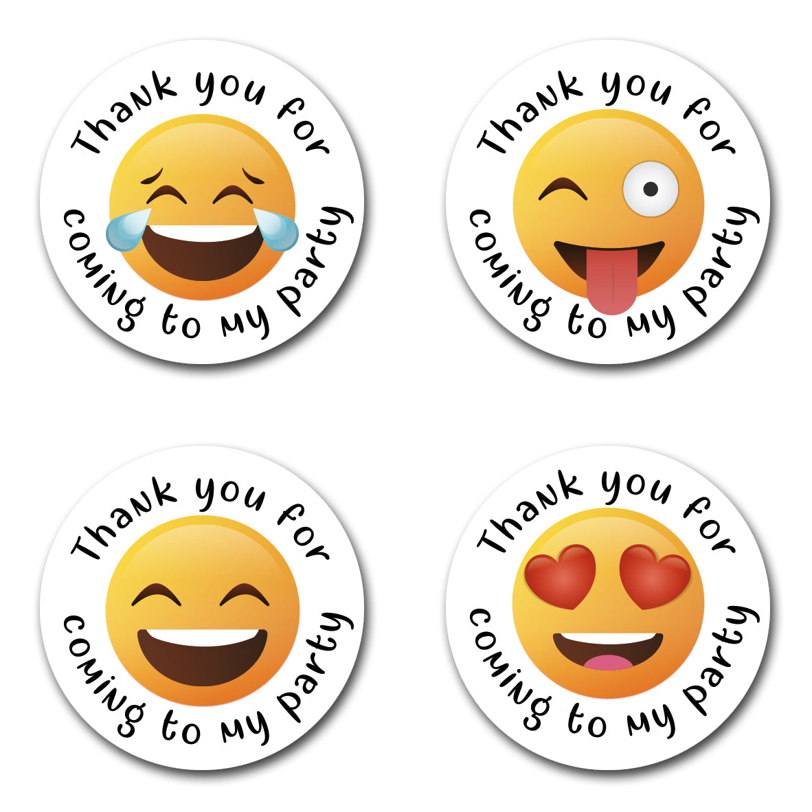 40mm Round Yellow emoji face stickers taht reads Thank you for coming to my party. 4 different designs