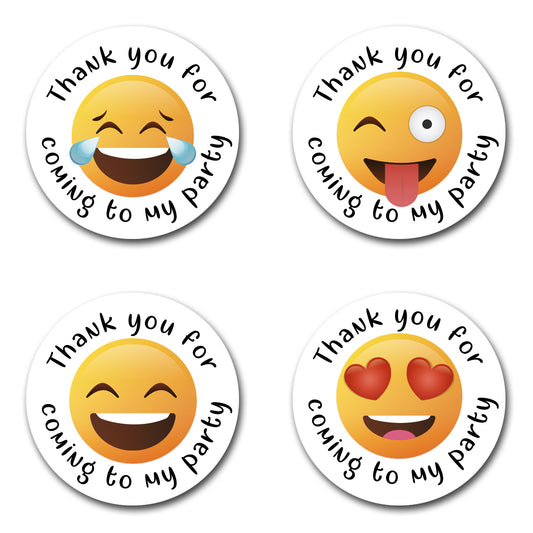 40mm Round Yellow emoji face stickers taht reads Thank you for coming to my party. 4 different designs