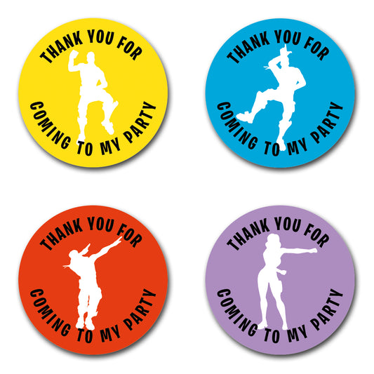 40mm round birthday party stickers that read, thank you for coming to my party in black text. 4 dirrerent designs each with a white silhouette dancer. Floss, Take the L, Dab/Dabbing