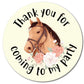 40mm Round thank you for coming to my party stickers. featuring a brown horse with watercolour flower around the neck.