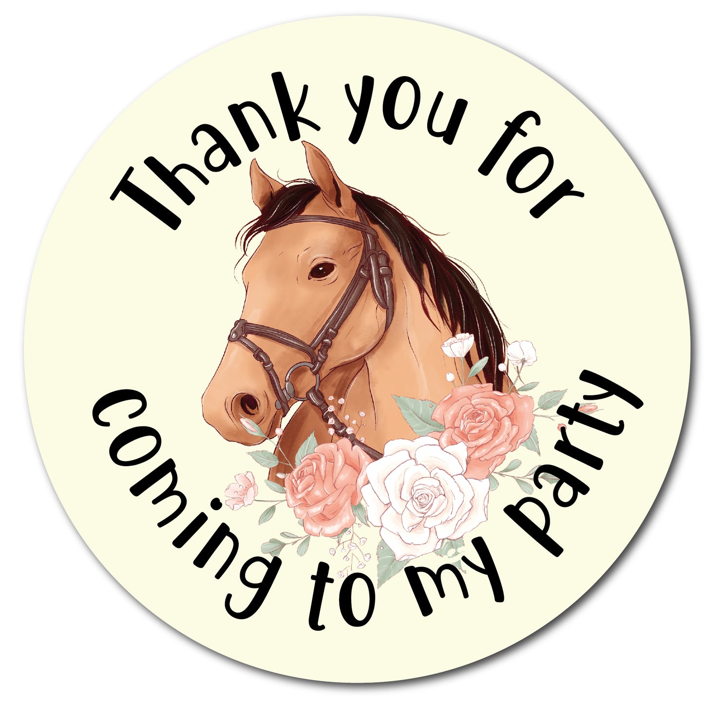 40mm Round thank you for coming to my party stickers. featuring a brown horse with watercolour flower around the neck.