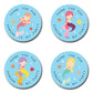 40mm Round thank you for coming to my party stickers, written in black text with 4 different mermaid characters in the middle with fish, star fish and shells. All have a light blue background