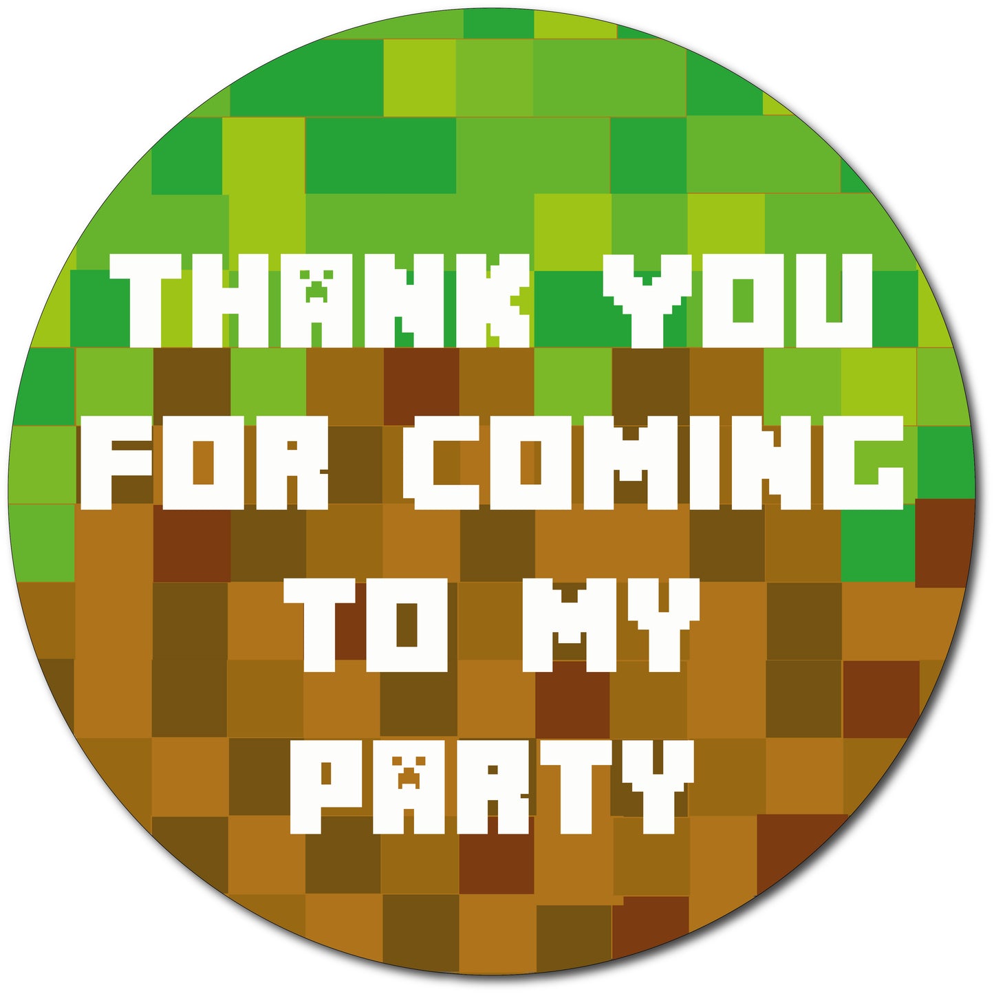 40mm Thank you for coming to my party stickers. Each pack comes with a fun pixel Minecraft Inspired Design