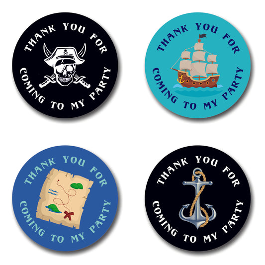 40mm Round Pirate themed thank you for coming to my party stickers. 4 different designs printed in the middle including Skull and cross bones, pirate ship, treasure map and anchor. On a mix of black and blue backgrounds