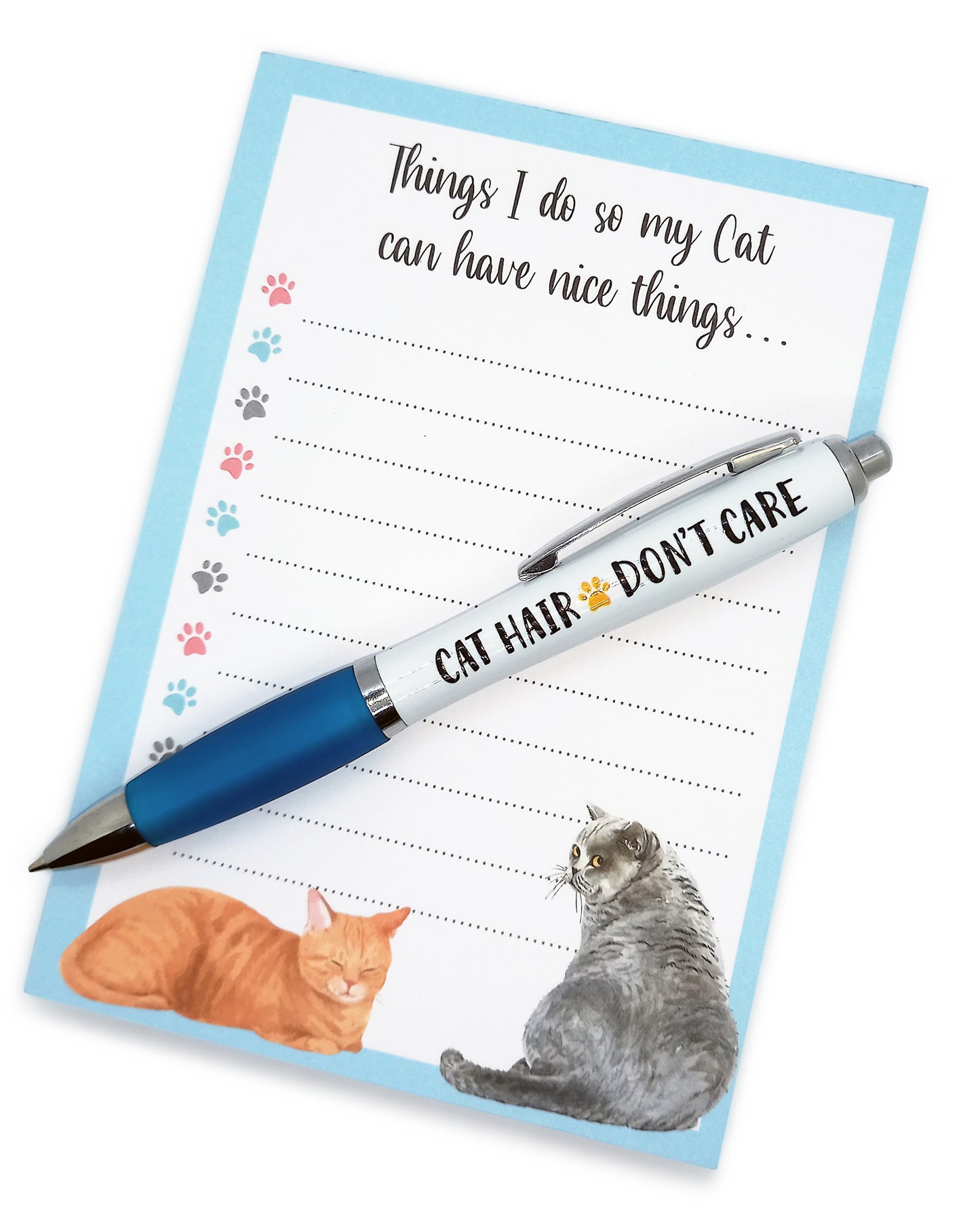 Cat To Do List Notepad and Pen Gift Set - 'Cat Hair - Don't Care' Black Ink Pen