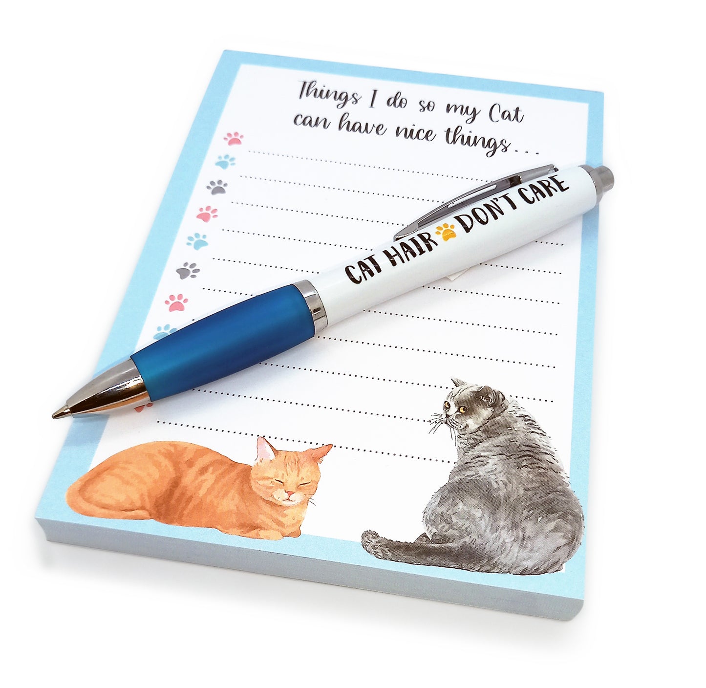 Cat To Do List Notepad and Pen Gift Set - 'Cat Hair - Don't Care' Black Ink Pen