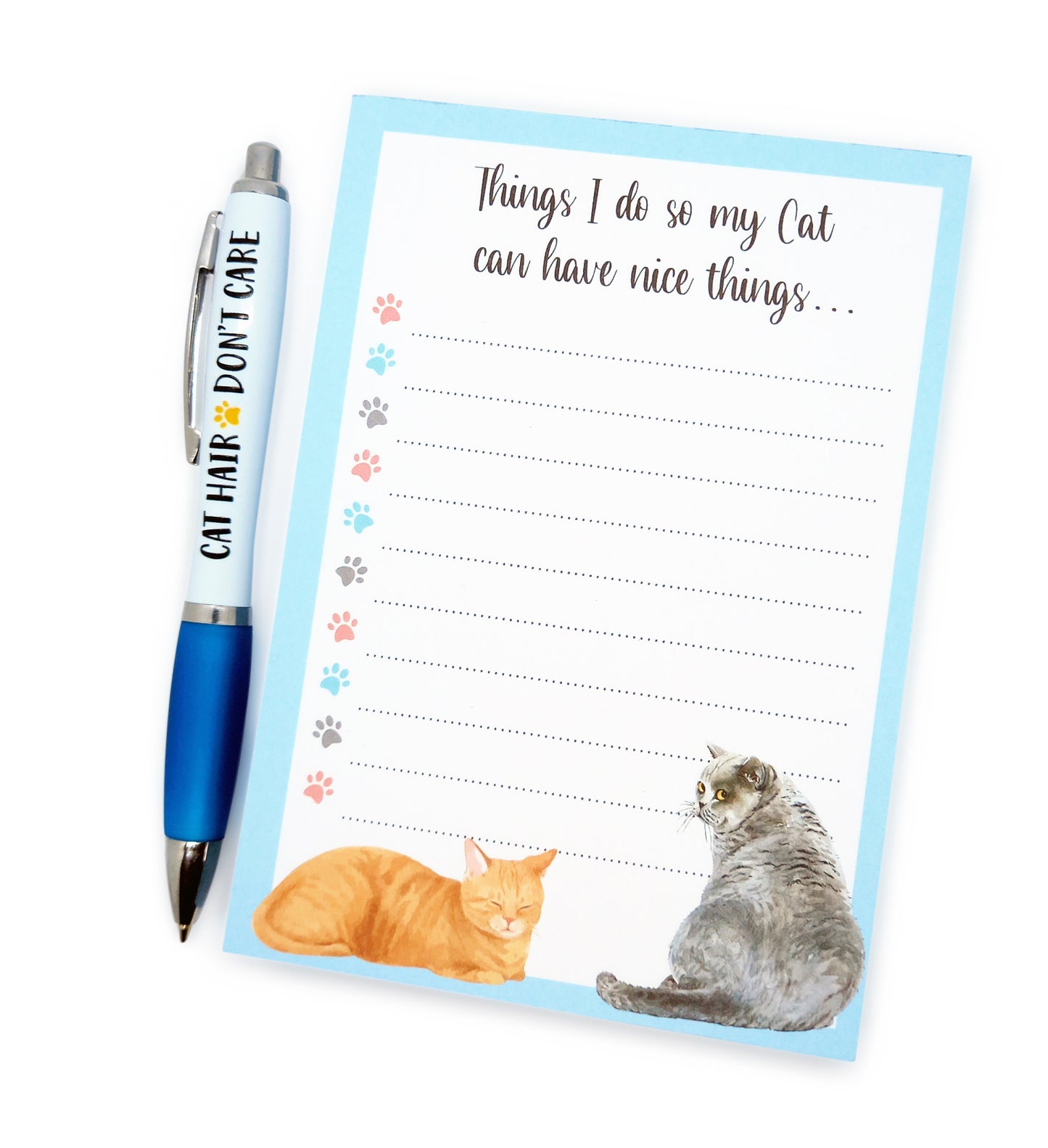 Cat To Do List Notepad and Pen Gift Set - 'Cat Hair - Don't Care' Black Ink Pen