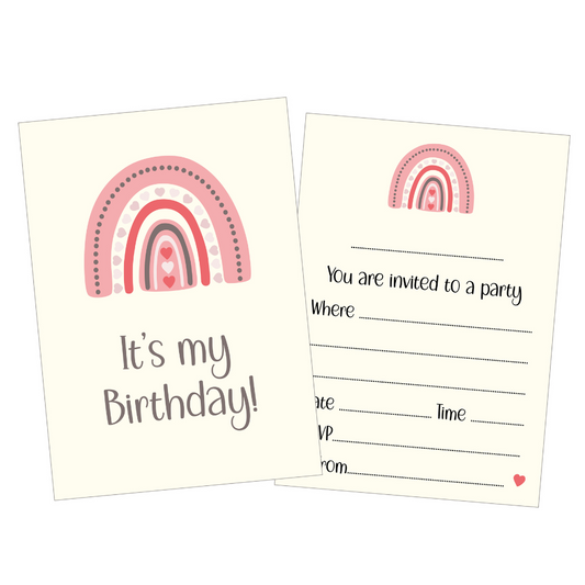  Double sided Shabby Chic Pink & Grey Heart Rainbow Party Birthday Invitations with Bright Pink envelopes. Front reads It's my birthday with a rainbow above. Back features space all relevant information