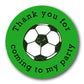 40mm Round Birthday thank you for coming to my party stickers with a black and white football in the centre and bright green background