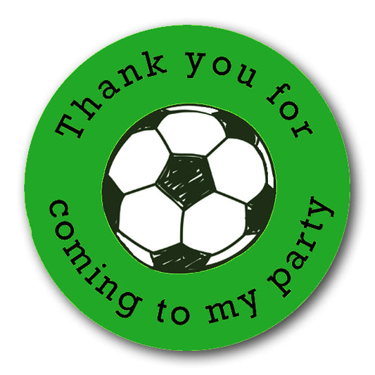 40mm Round Birthday thank you for coming to my party stickers with a black and white football in the centre and bright green background