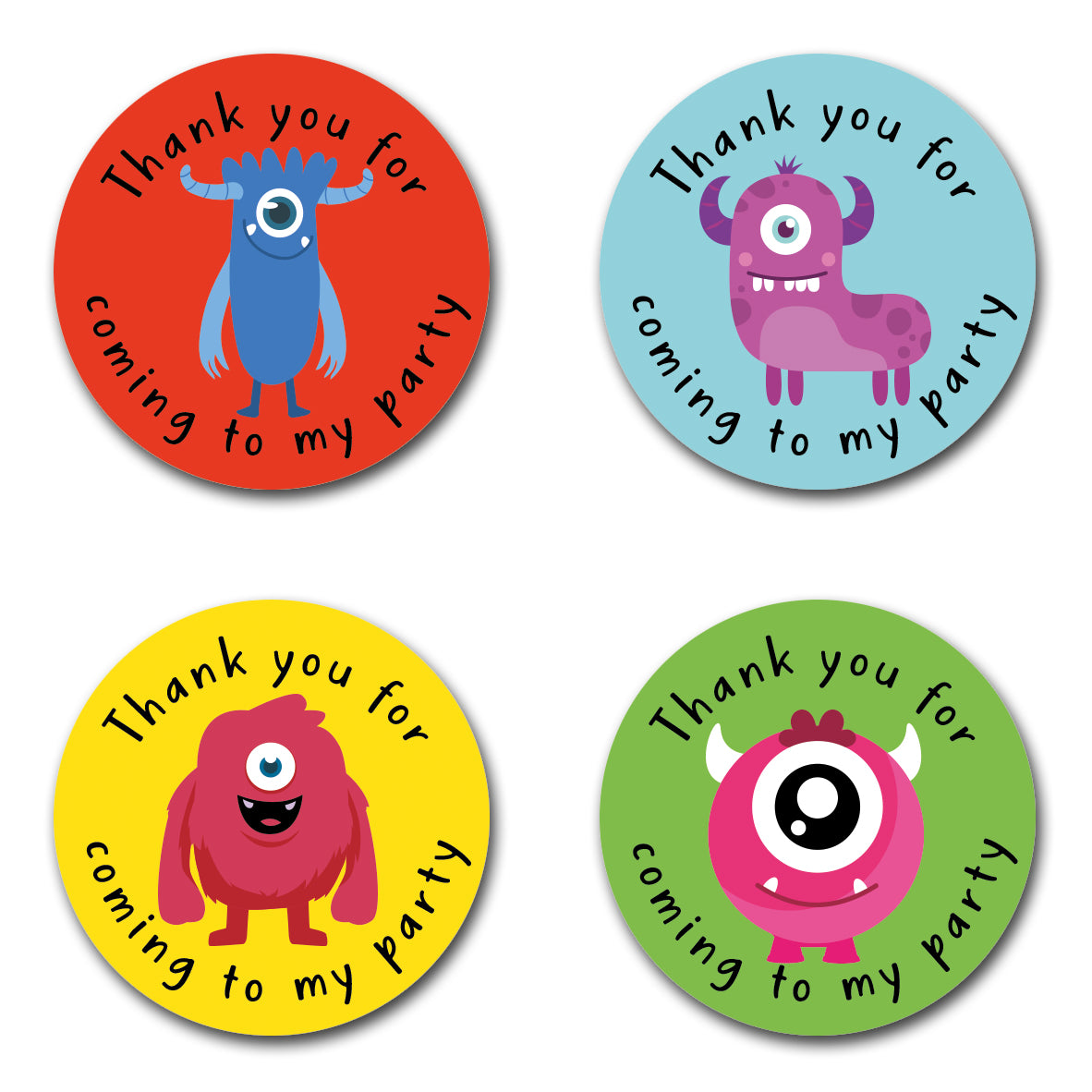 40mm Round thank you for coming to my party stickers writing in black text with 4 different scary monsters in the centre.