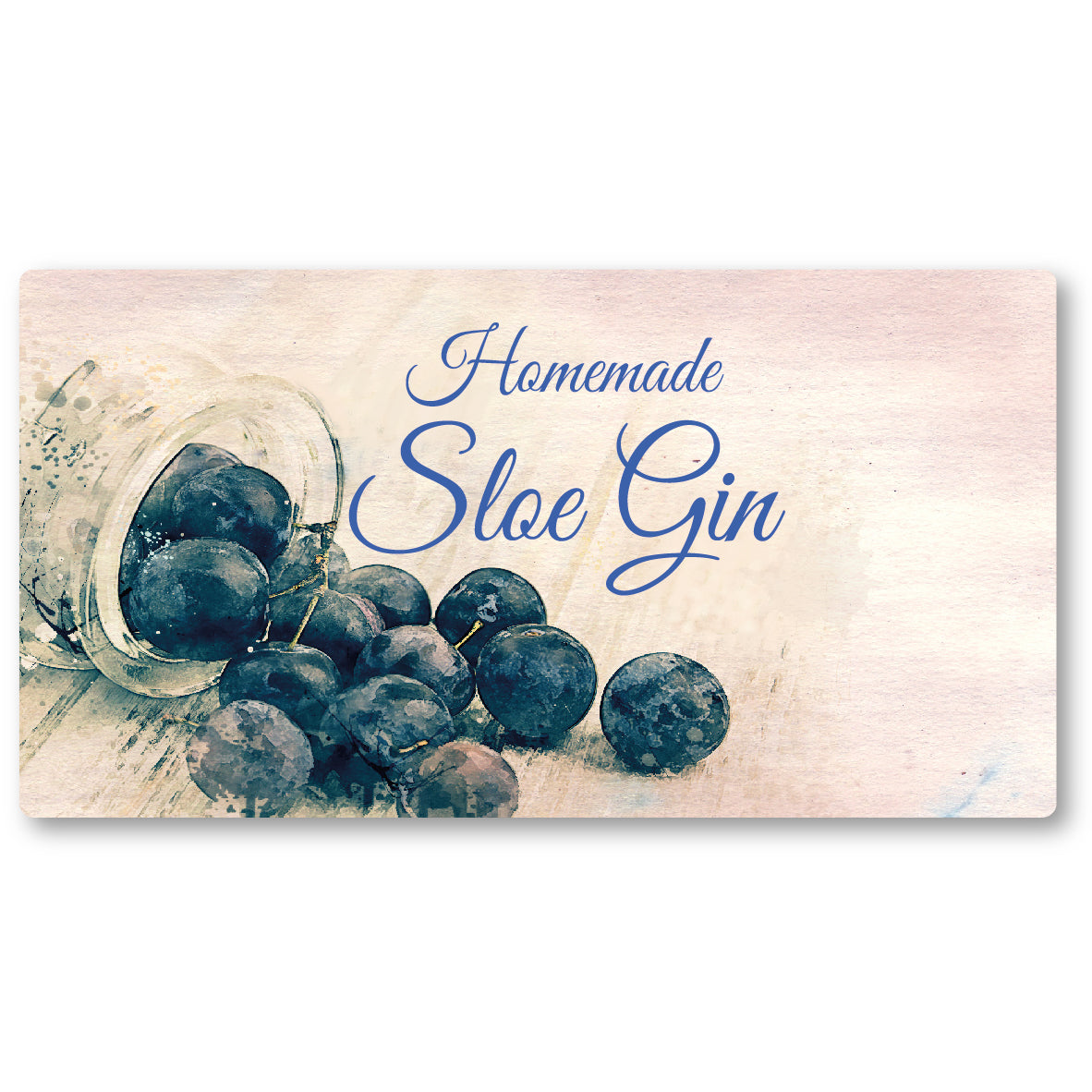 Watercolour effect 10cm x 5cm rectangle shaped label featuring a jar of sloe berries on it's side in rustic earthy tones. Writing reads Homemade Sloe Gin.