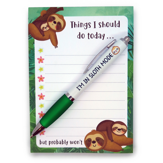 a6 Sloth notepad and pen set featuring hanging and sleepy sloths. Text reads thaings I should do today but probably won't. Included pen with green grip that reads Im in sloth Mode with a photo of a sloth head. Pad is lined with green forest background