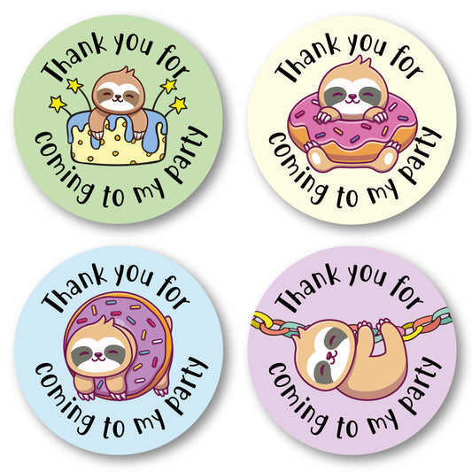 40mm Cute Sloth Thank you for coming to my party stickers. 4 Designs per pack including sloth in a donut, cake and hanging from bunting.