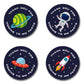 40mm round thank you for coming to my party stickers. 4 different designs including green planet, astronaut, rocket and Alien space ship. All on a dark blue background