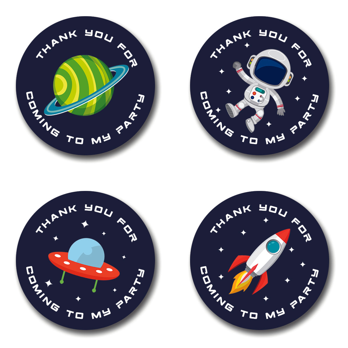 40mm round thank you for coming to my party stickers. 4 different designs including green planet, astronaut, rocket and Alien space ship. All on a dark blue background