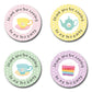 40mm round thank you for coming to my tea party stickers. 4 different designs including tea cups, tea pots and rainbow cake slices.