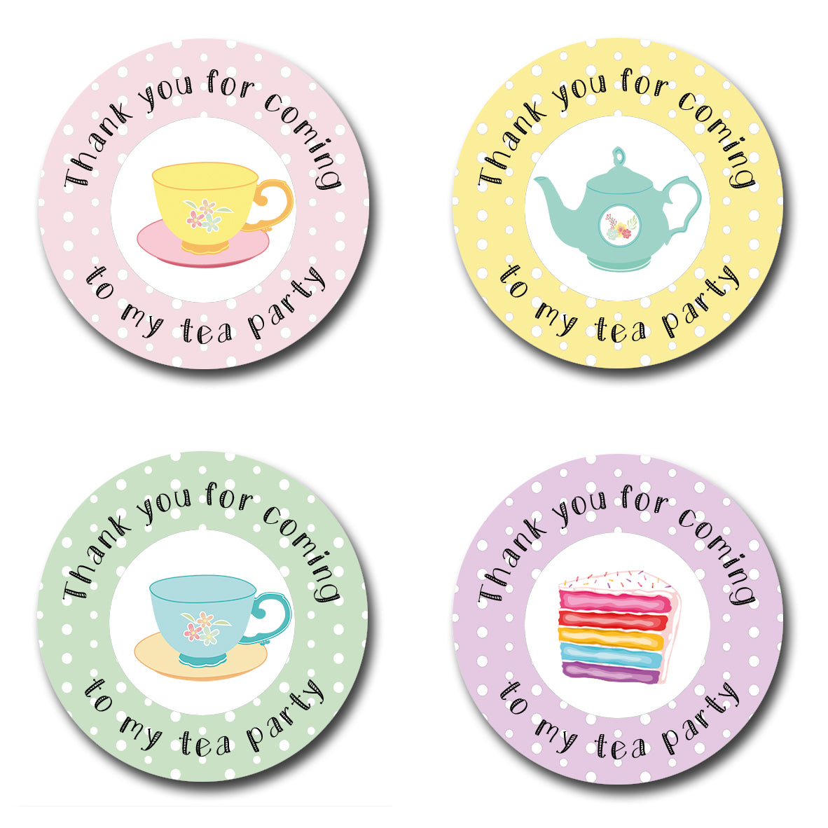 40mm round thank you for coming to my tea party stickers. 4 different designs including tea cups, tea pots and rainbow cake slices.