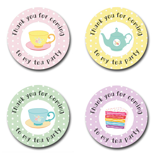 40mm round thank you for coming to my tea party stickers. 4 different designs including tea cups, tea pots and rainbow cake slices.