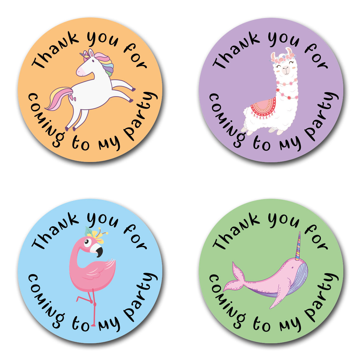 40mm Round Unicorn, Llama, Flamingo and Narwhal Thank You for Coming to my Party Birthday Stickers. Written in black text with the 4 different animals in the centre.