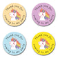 Forty Millimetre Round unicorn themed thank you for coming to my party stickers. Great for childrens sweet cones, party bags and favors. Black text in a circle shape with a rainbow haired unicorn in the centre. Four different colour backgrounds. Yellow, Peach, Blue and Purple