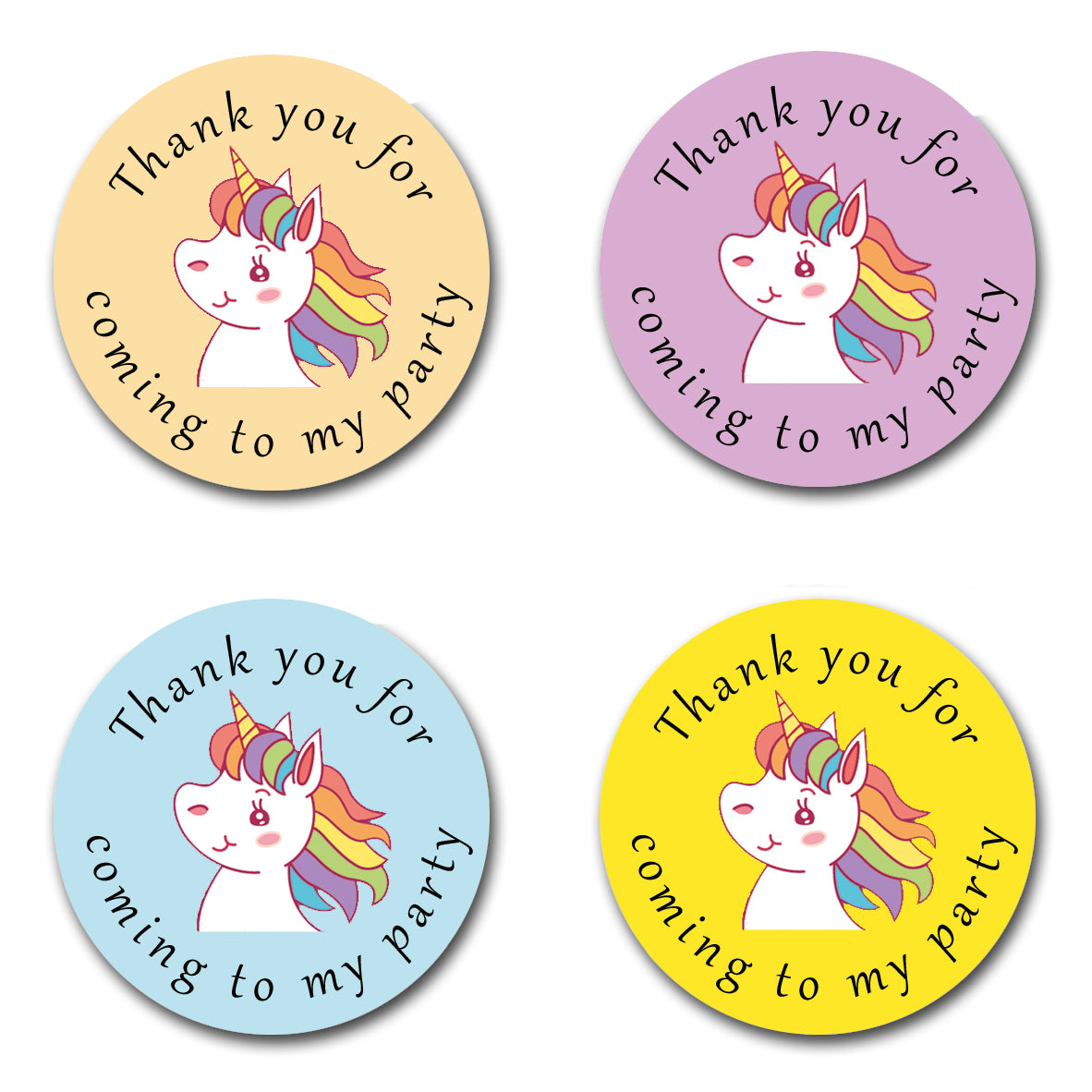 Forty Millimetre Round unicorn themed thank you for coming to my party stickers. Great for childrens sweet cones, party bags and favors. Black text in a circle shape with a rainbow haired unicorn in the centre. Four different colour backgrounds. Yellow, Peach, Blue and Purple