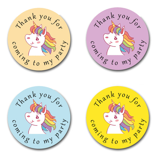 Forty Millimetre Round unicorn themed thank you for coming to my party stickers. Great for childrens sweet cones, party bags and favors. Black text in a circle shape with a rainbow haired unicorn in the centre. Four different colour backgrounds. Yellow, Peach, Blue and Purple