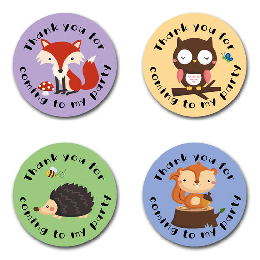 40mm Round Woodland Animals "Thank You for Coming to my Party" Birthday Stickers. Including a Fox, Owl, Squirrel and Hedgehog.  Each pack comes with 4 different designs